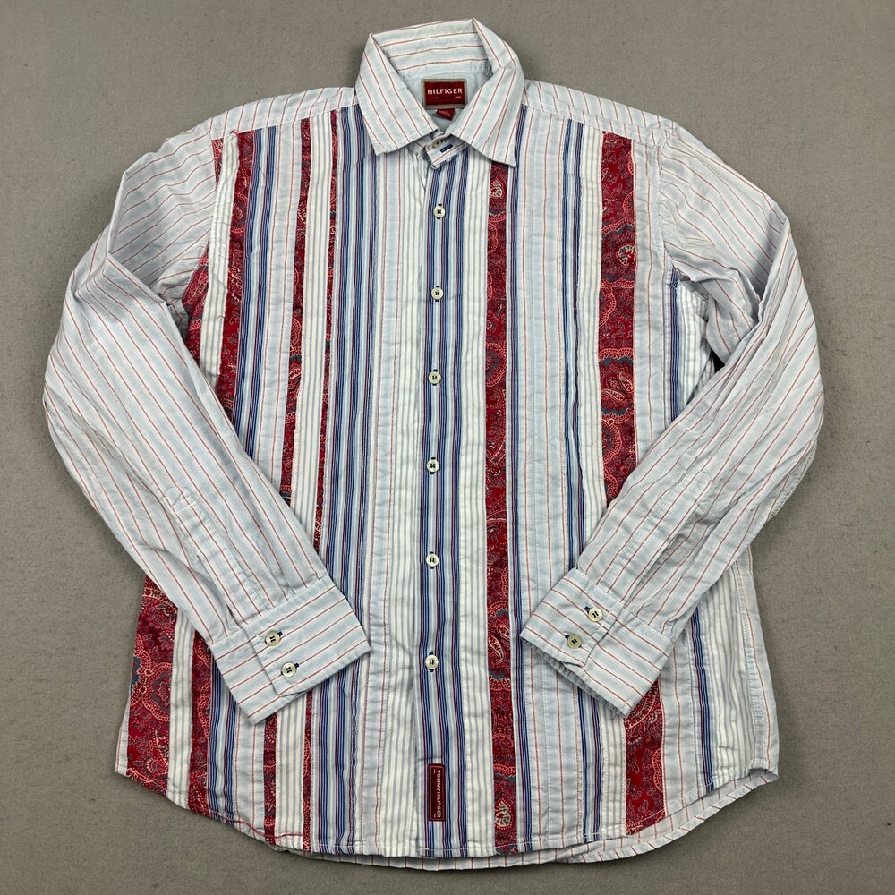 Tommy Bahama Shirt Men Large Blue Red Stripe Button Up Western Bandana Stretch L